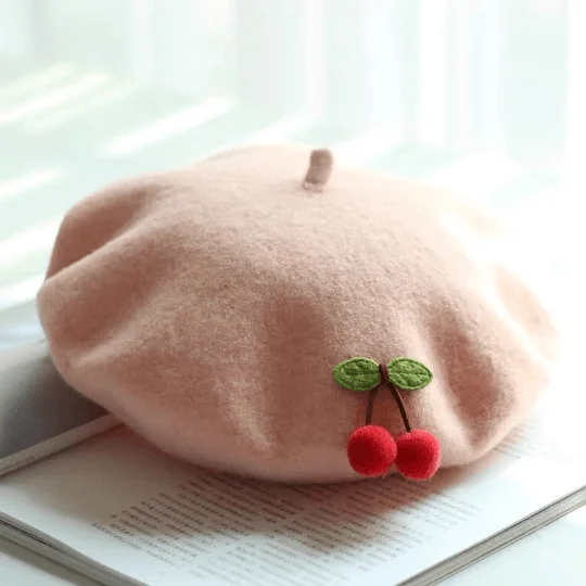 Cherry Wool Beret Hat for Women and Kids