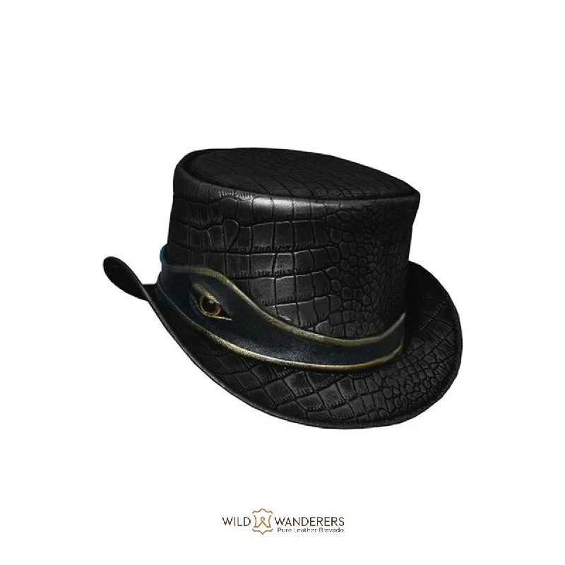 Crocodile Plated Black Leather Top Hat