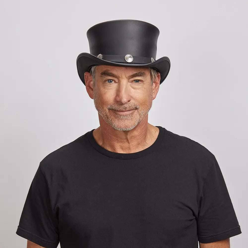 El Dorado Buffalo Nickel | Mens Leather Top Hat with Buffalo Nickel Hat Band