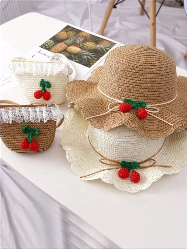 Girls Retro Straw Hat and Matching Mini Purse With Cherries